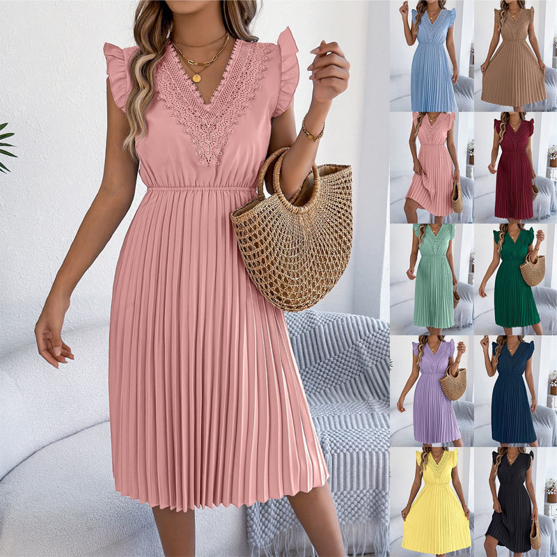 Damen Spitzen-V-Ausschnitt-Kleid mit Rüschenärmeln und Falten-Midi-Kleid