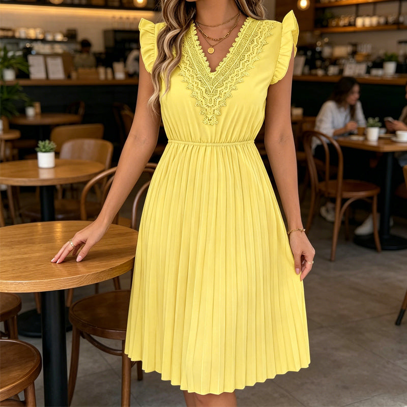 Damen Spitzen-V-Ausschnitt-Kleid mit Rüschenärmeln und Falten-Midi-Kleid