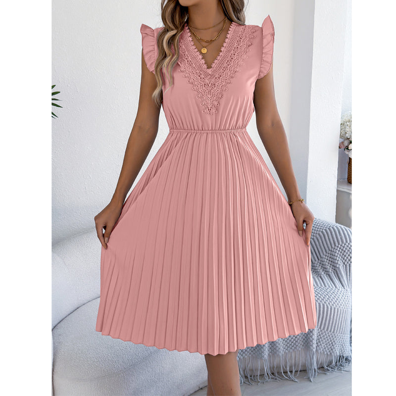 Damen Spitzen-V-Ausschnitt-Kleid mit Rüschenärmeln und Falten-Midi-Kleid
