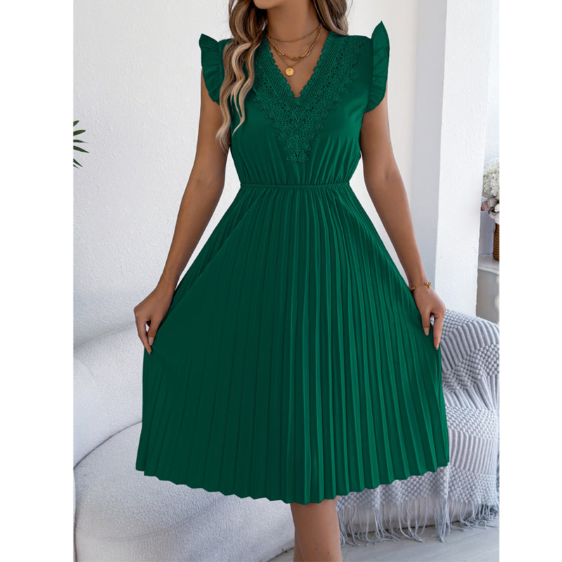 Damen Spitzen-V-Ausschnitt-Kleid mit Rüschenärmeln und Falten-Midi-Kleid