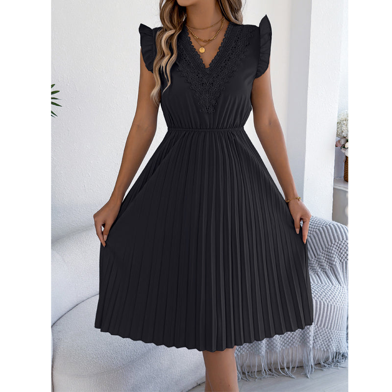 Damen Spitzen-V-Ausschnitt-Kleid mit Rüschenärmeln und Falten-Midi-Kleid