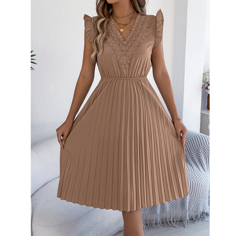 Damen Spitzen-V-Ausschnitt-Kleid mit Rüschenärmeln und Falten-Midi-Kleid