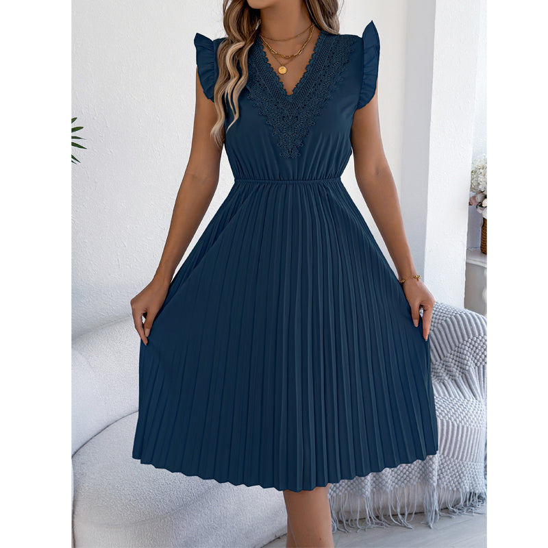 Damen Spitzen-V-Ausschnitt-Kleid mit Rüschenärmeln und Falten-Midi-Kleid