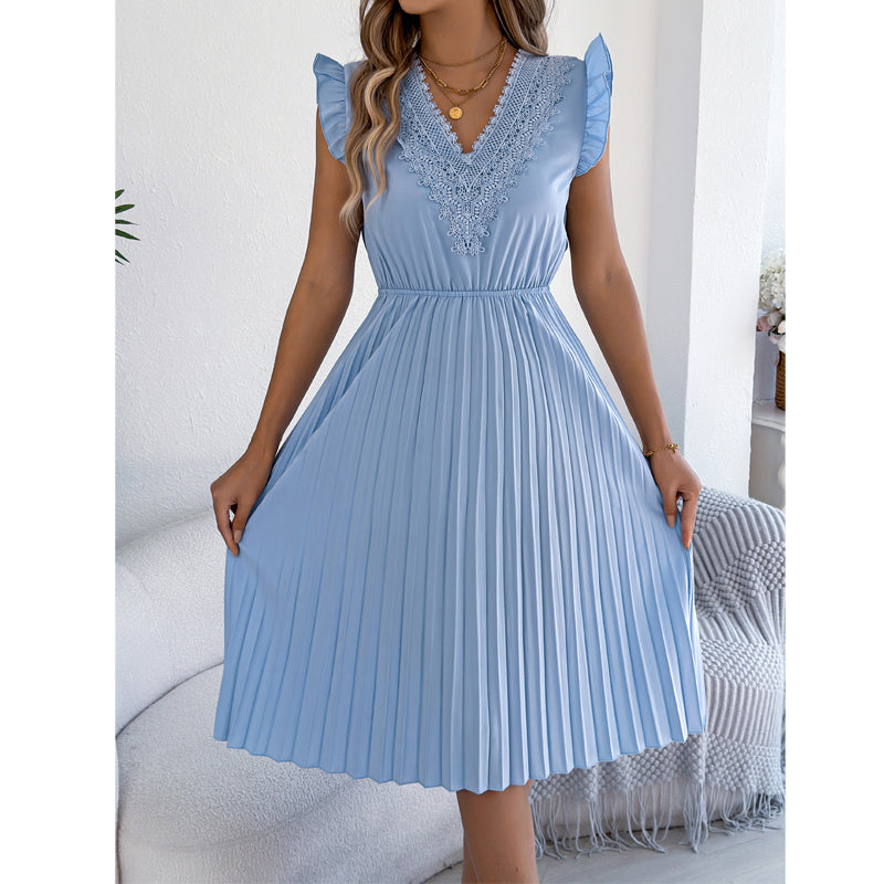Damen Spitzen-V-Ausschnitt-Kleid mit Rüschenärmeln und Falten-Midi-Kleid