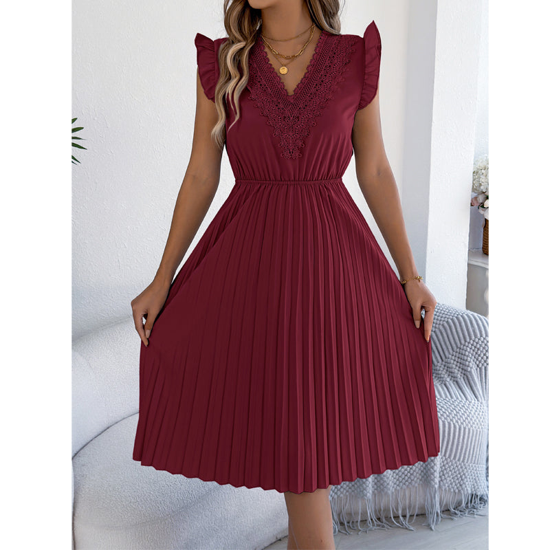 Damen Spitzen-V-Ausschnitt-Kleid mit Rüschenärmeln und Falten-Midi-Kleid