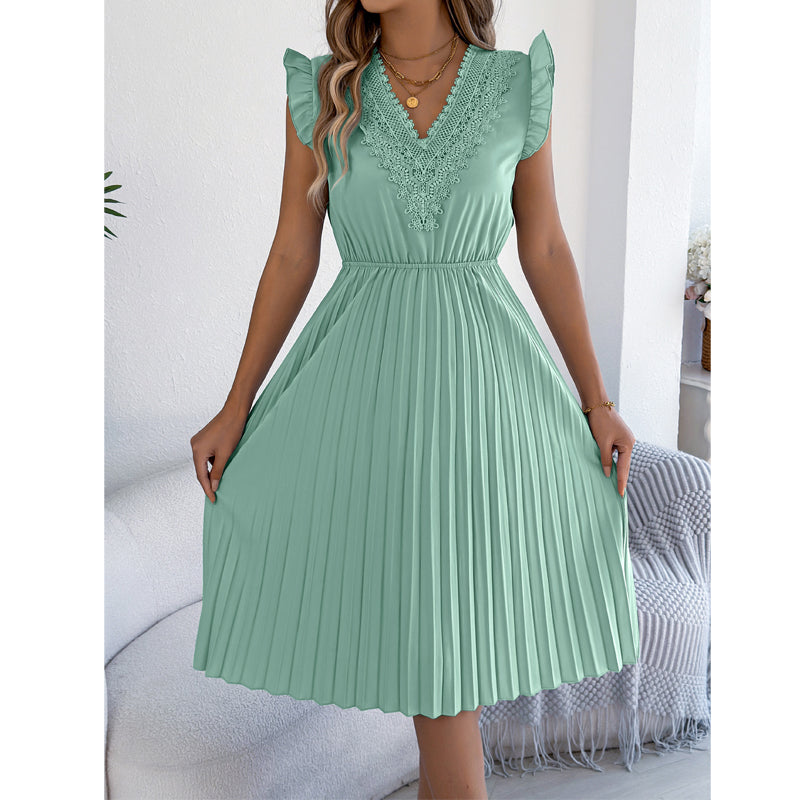Damen Spitzen-V-Ausschnitt-Kleid mit Rüschenärmeln und Falten-Midi-Kleid
