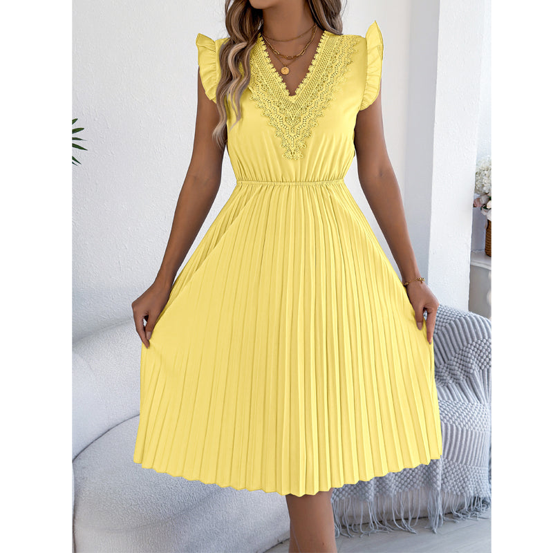 Damen Spitzen-V-Ausschnitt-Kleid mit Rüschenärmeln und Falten-Midi-Kleid