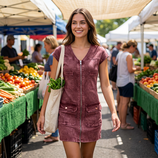 Damen lässiges Kurzarm-Reißverschluss-Kleid