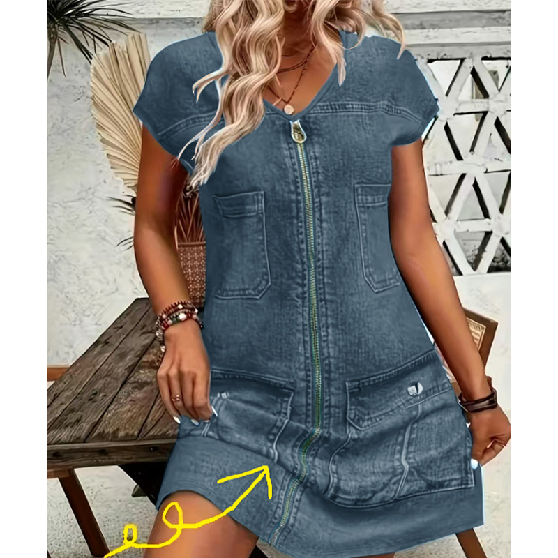 Damen lässiges Kurzarm-Reißverschluss-Kleid