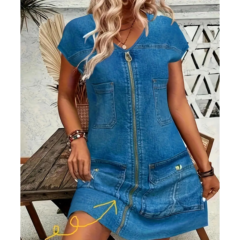Damen lässiges Kurzarm-Reißverschluss-Kleid