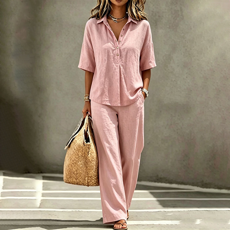 👗Damen Button-Up Oberteil & Weitbein-Hosen-Set – Schickes zweiteiliges Outfit ✨