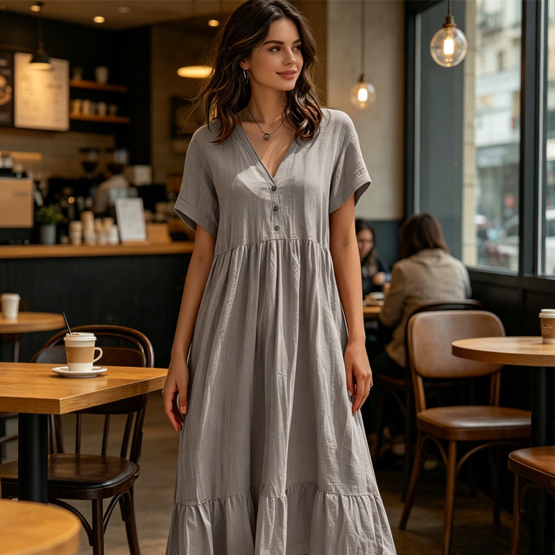 👗Midi-Kleid für Damen mit V-Ausschnitt, kurzen Ärmeln und Rüschen