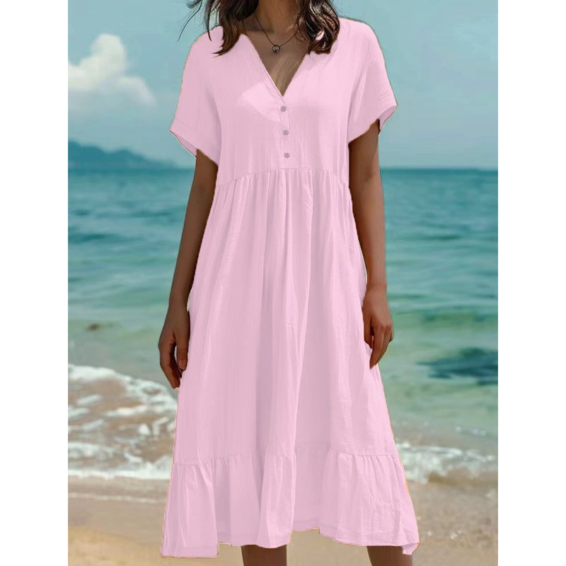 👗Midi-Kleid für Damen mit V-Ausschnitt, kurzen Ärmeln und Rüschen
