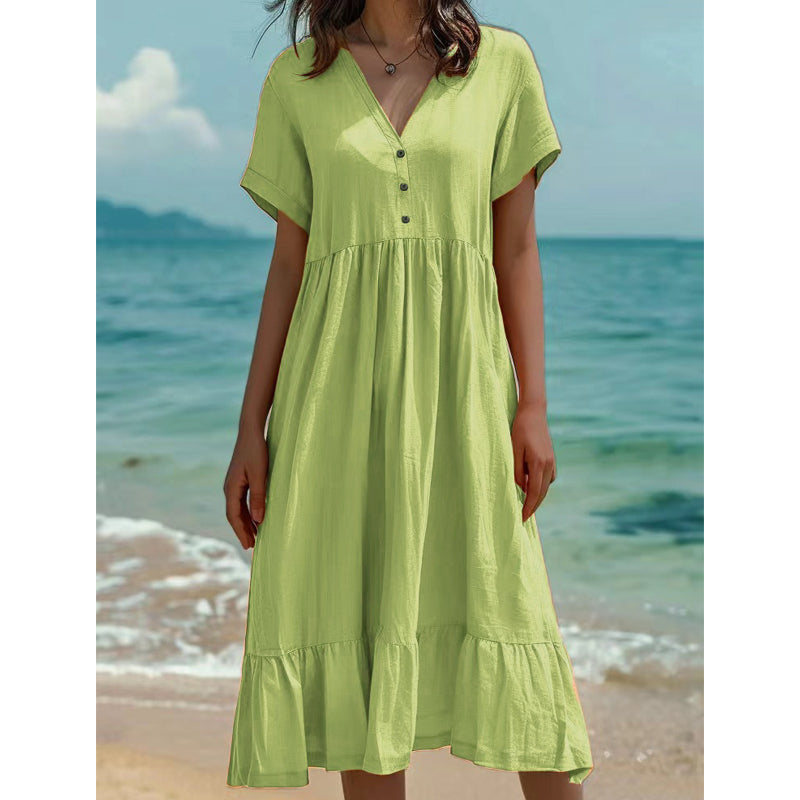 👗Midi-Kleid für Damen mit V-Ausschnitt, kurzen Ärmeln und Rüschen