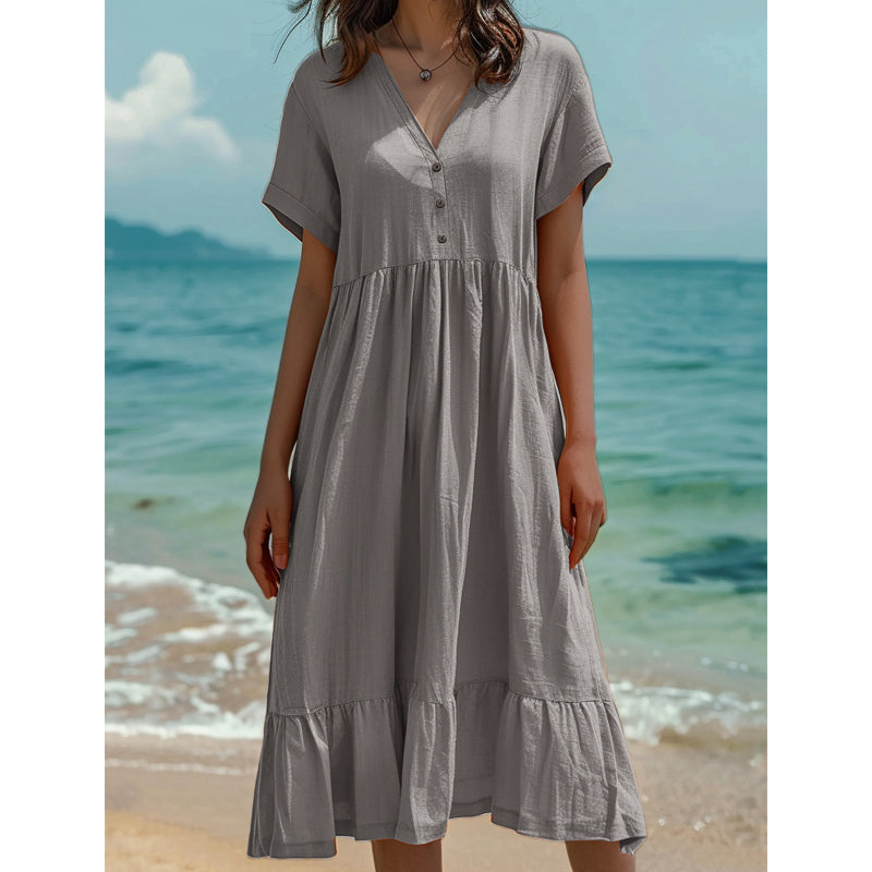 👗Midi-Kleid für Damen mit V-Ausschnitt, kurzen Ärmeln und Rüschen