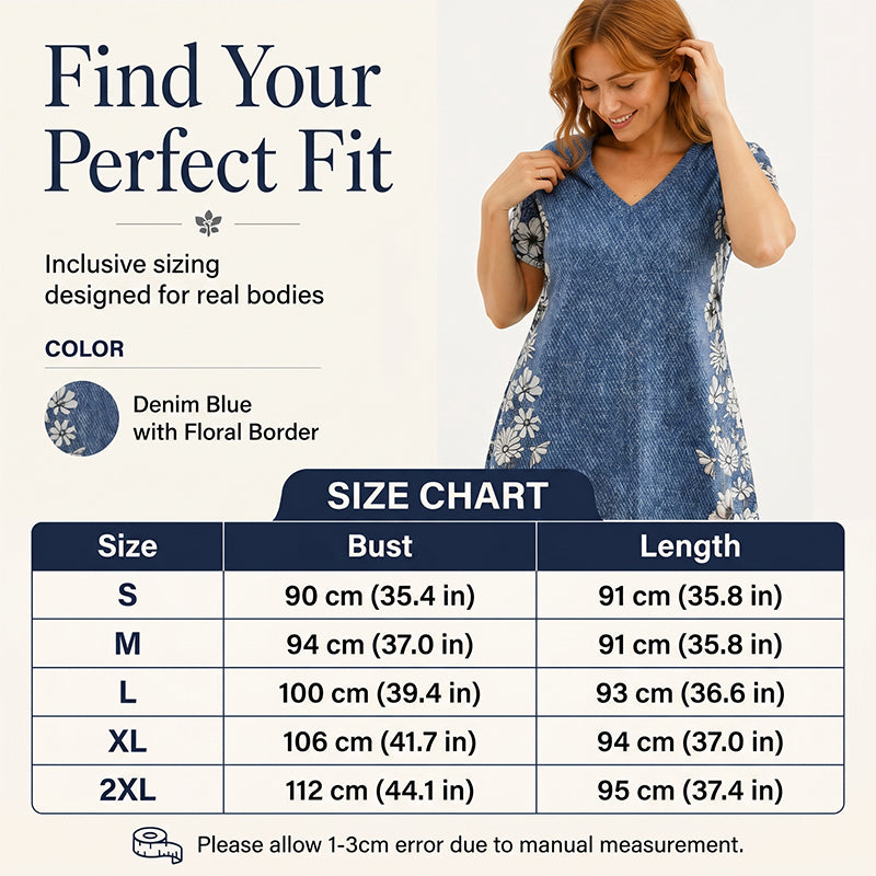 ✨ Kleid mit Denim-Optik & V-Ausschnitt – figurschmeichelnd, knitterarm & leicht zu kombinieren – zu Sneakern, Sandalen oder Stiefeln