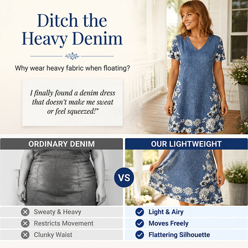 ✨ Kleid mit Denim-Optik & V-Ausschnitt – figurschmeichelnd, knitterarm & leicht zu kombinieren – zu Sneakern, Sandalen oder Stiefeln
