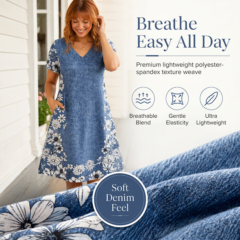 ✨ Kleid mit Denim-Optik & V-Ausschnitt – figurschmeichelnd, knitterarm & leicht zu kombinieren – zu Sneakern, Sandalen oder Stiefeln