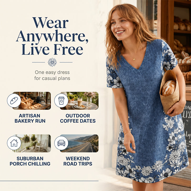 ✨ Kleid mit Denim-Optik & V-Ausschnitt – figurschmeichelnd, knitterarm & leicht zu kombinieren – zu Sneakern, Sandalen oder Stiefeln