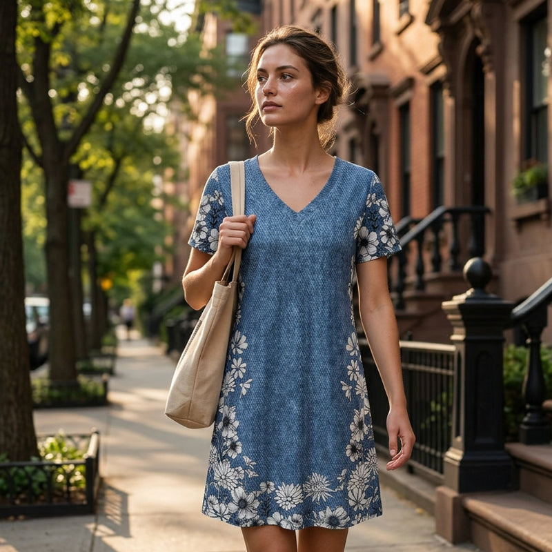 ✨ Kleid mit Denim-Optik & V-Ausschnitt – figurschmeichelnd, knitterarm & leicht zu kombinieren – zu Sneakern, Sandalen oder Stiefeln