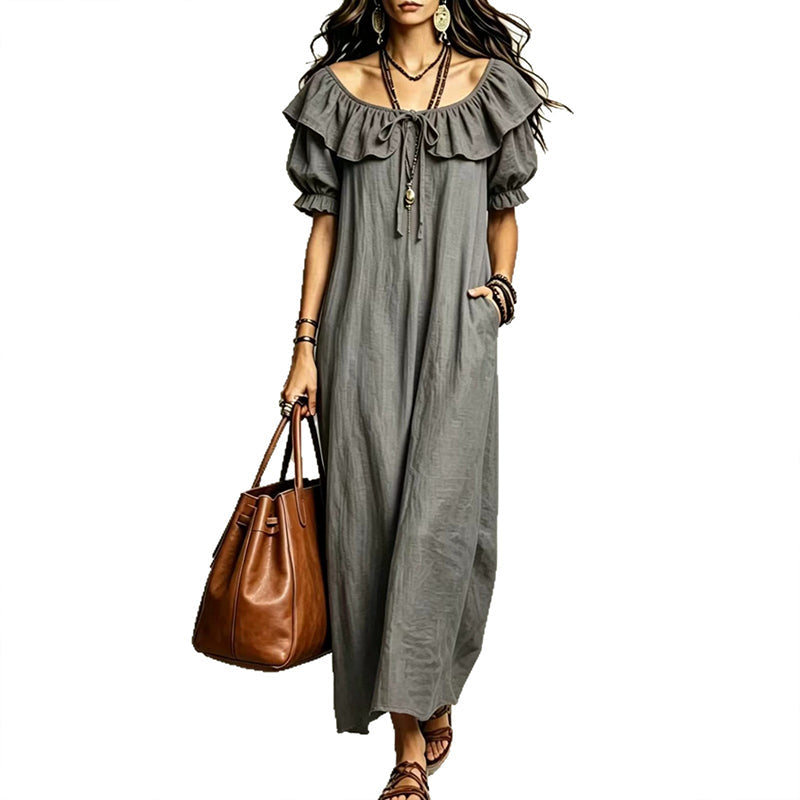 Maxikleid für Damen im Bohemian-Stil mit Rüschen am Ausschnitt