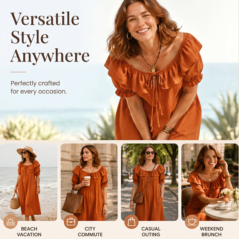 Maxikleid für Damen im Bohemian-Stil mit Rüschen am Ausschnitt