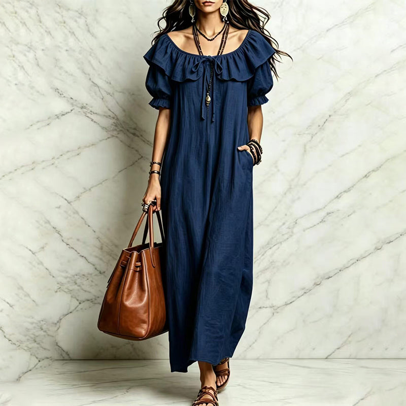 Maxikleid für Damen im Bohemian-Stil mit Rüschen am Ausschnitt