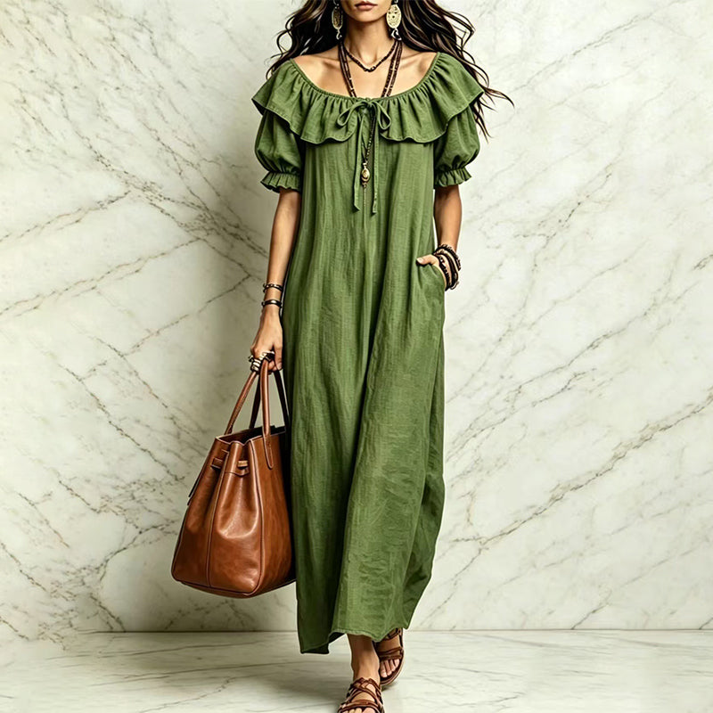 Maxikleid für Damen im Bohemian-Stil mit Rüschen am Ausschnitt