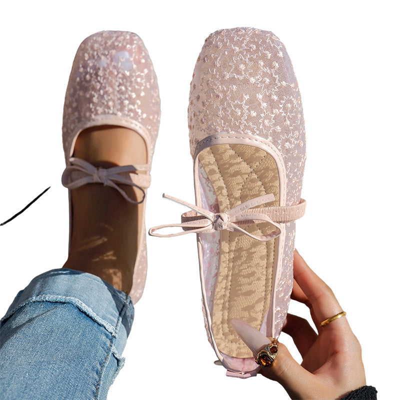 Damen Französische Mesh-Flats mit Schleife