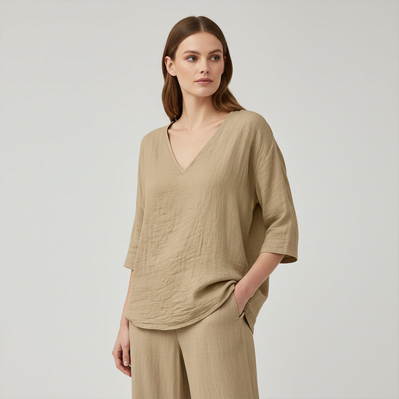 👕Lässige Damenbluse mit V-Ausschnitt und Dreiviertelärmeln