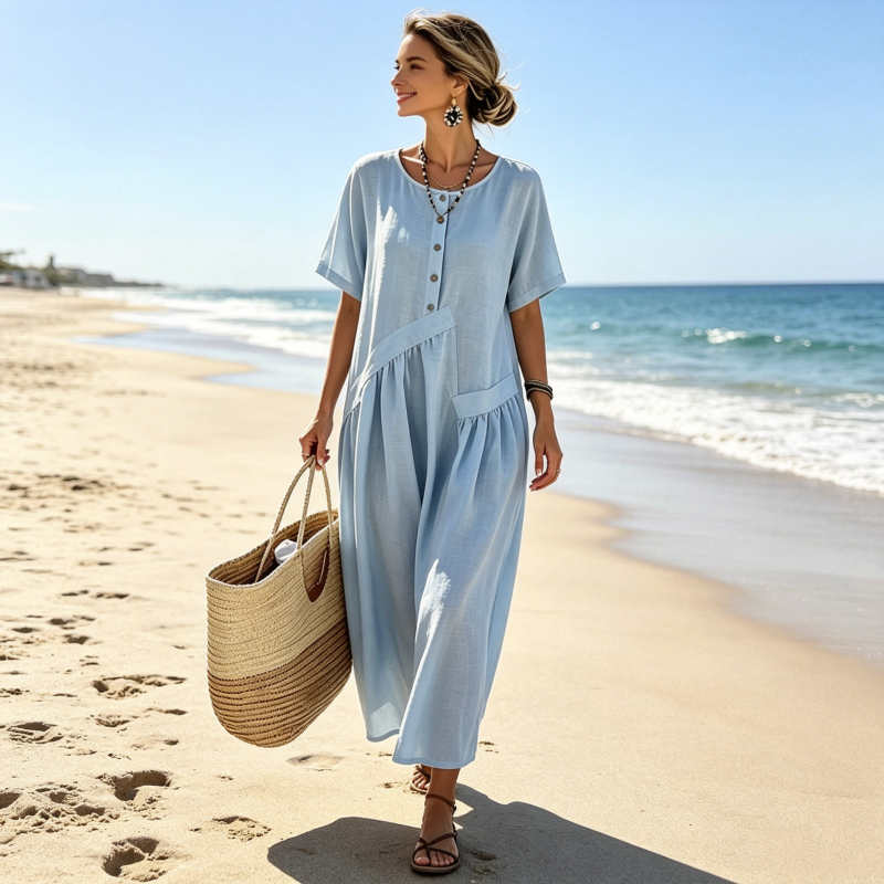👗Maxikleid für Damen mit Knopfleiste und kurzen Ärmeln