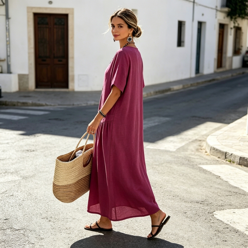 👗Maxikleid für Damen mit Knopfleiste und kurzen Ärmeln