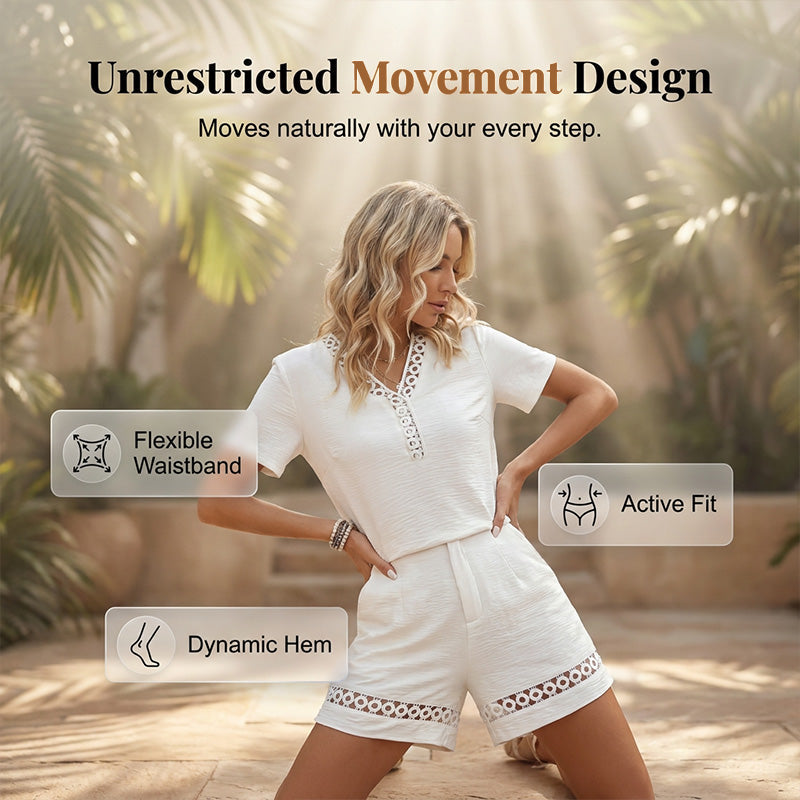 🏆 Verkaufsschlager – jetzt halber Preis! Set aus kurzärmeligem Oberteil mit V-Ausschnitt und Shorts für Damen