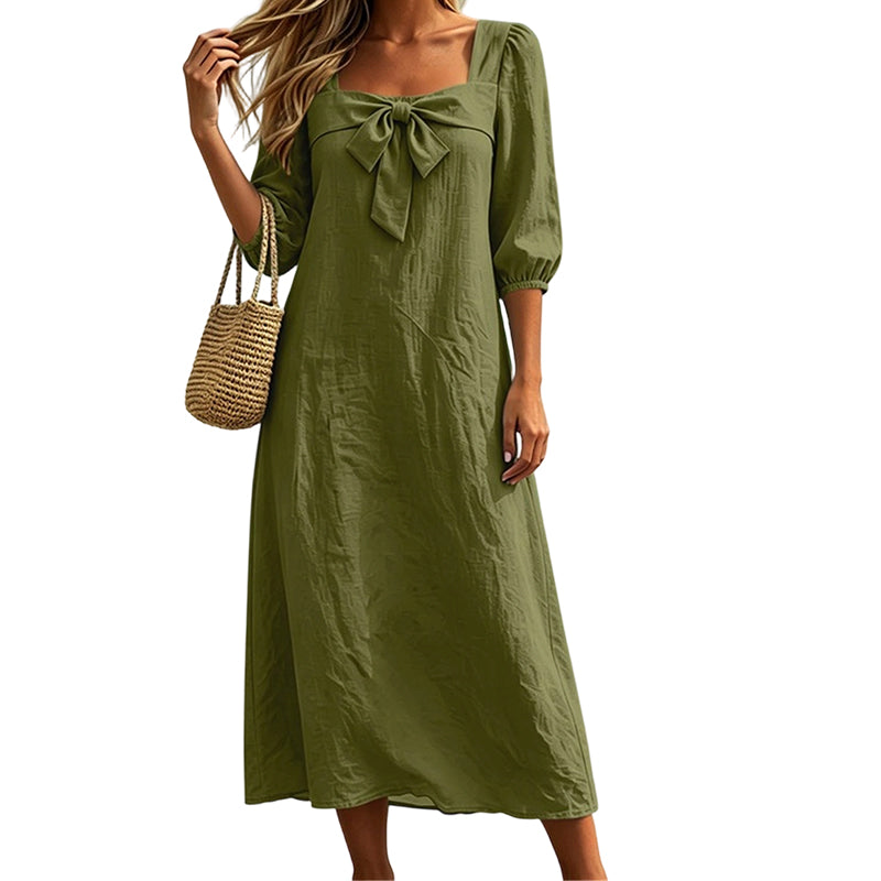 👗🌸 Midikleid für Damen mit Schleife und quadratischem Ausschnitt