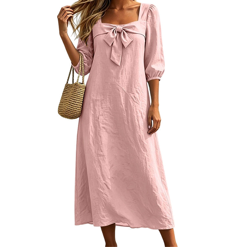 👗🌸 Midikleid für Damen mit Schleife und quadratischem Ausschnitt