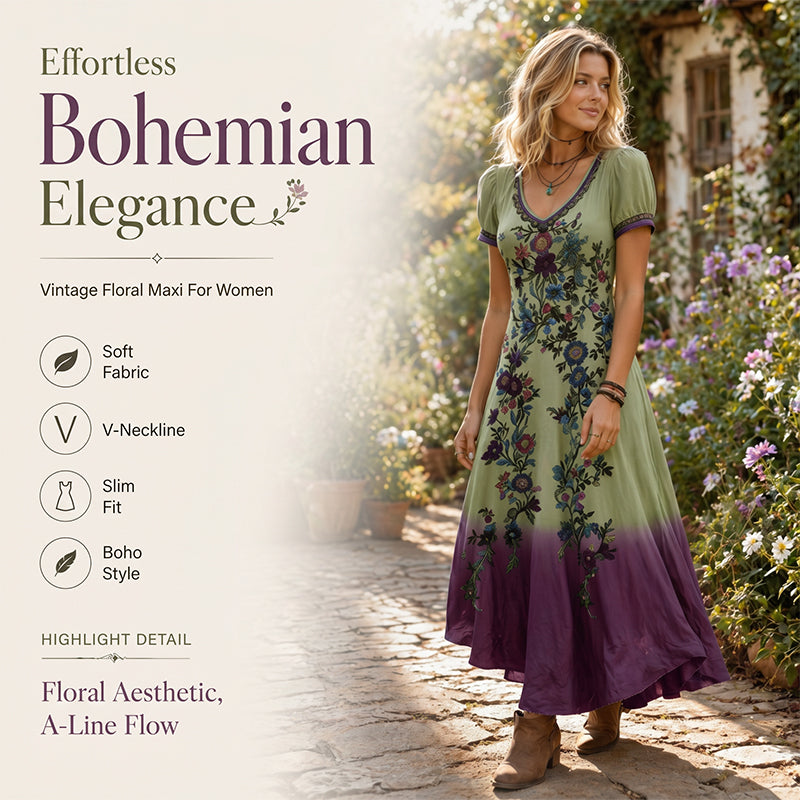 🔥Neuheiten & Sonderangebote – Vintage-Maxikleid für Damen mit V-Ausschnitt und Blumenmuster