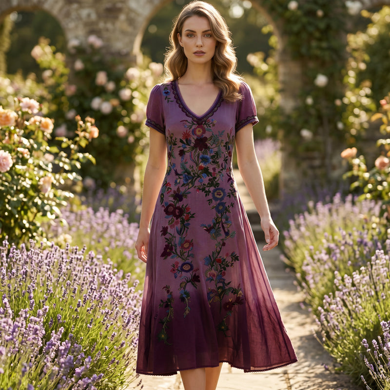 🔥Neuheiten & Sonderangebote – Vintage-Maxikleid für Damen mit V-Ausschnitt und Blumenmuster