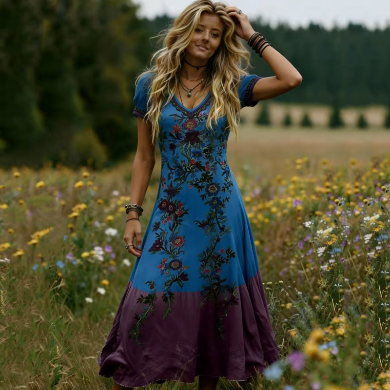 🔥Neuheiten & Sonderangebote – Vintage-Maxikleid für Damen mit V-Ausschnitt und Blumenmuster