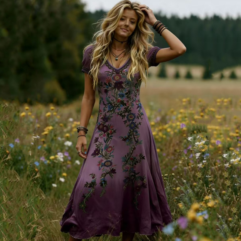 🔥Neuheiten & Sonderangebote – Vintage-Maxikleid für Damen mit V-Ausschnitt und Blumenmuster