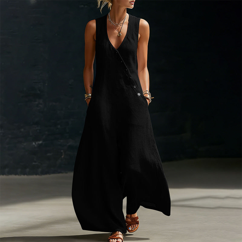 Damen ärmelloser V-Ausschnitt Jumpsuit mit Taschen