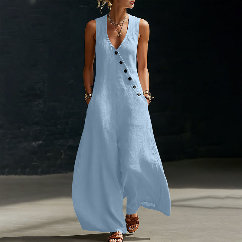 Damen ärmelloser V-Ausschnitt Jumpsuit mit Taschen