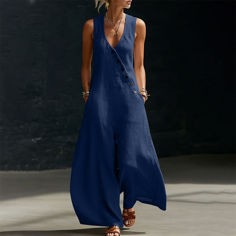 Damen ärmelloser V-Ausschnitt Jumpsuit mit Taschen