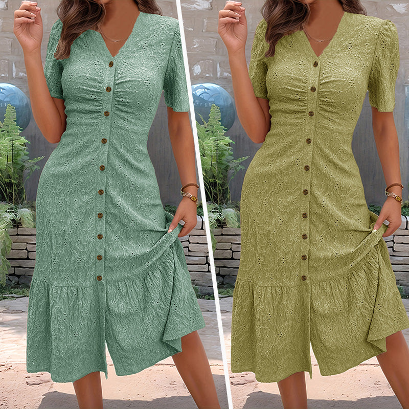 🌿 50 % RABATT FÜR BEGRENZTE ZEIT! 👗 Damen Midikleid mit Broderie Anglaise – V-Ausschnitt, Puff-Kurzärmel, Taillenraffung & Rüschensaum für Sommer & Urlaub