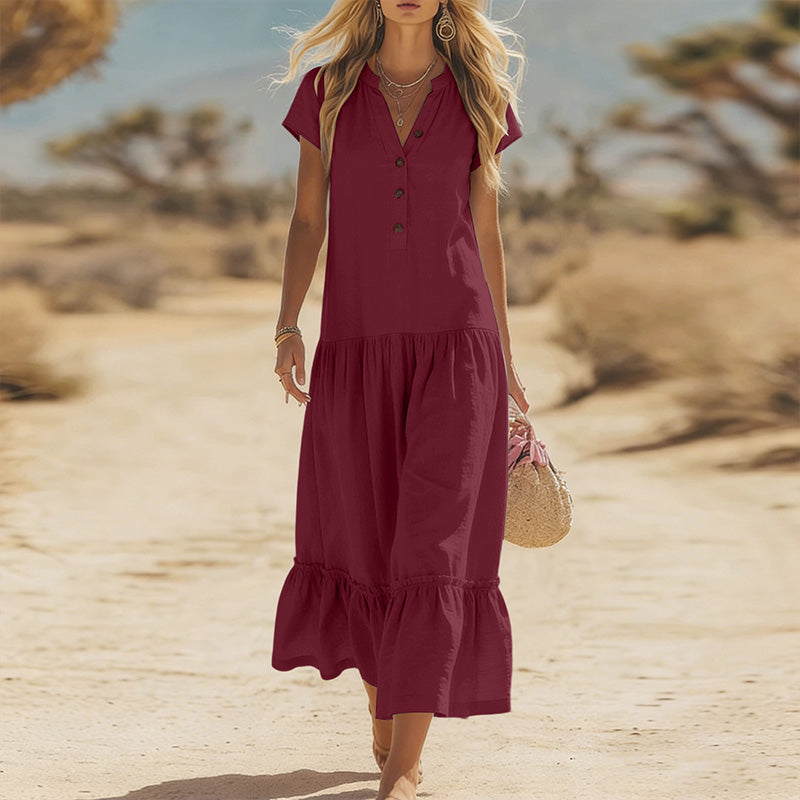 🌸 Maxikleid für Damen mit V-Ausschnitt & Knöpfen – Locker, Feminin & Elegant, Rüschen am Saum, Atmungsaktiv, Passend für Jeden, S-3XL, 10 Farben ✨