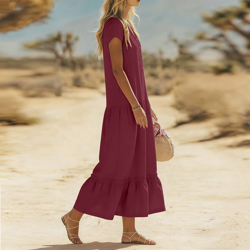 🌸 Maxikleid für Damen mit V-Ausschnitt & Knöpfen – Locker, Feminin & Elegant, Rüschen am Saum, Atmungsaktiv, Passend für Jeden, S-3XL, 10 Farben ✨