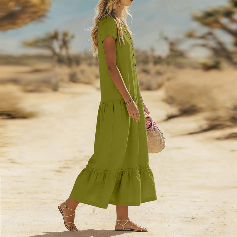 🌸 Maxikleid für Damen mit V-Ausschnitt & Knöpfen – Locker, Feminin & Elegant, Rüschen am Saum, Atmungsaktiv, Passend für Jeden, S-3XL, 10 Farben ✨