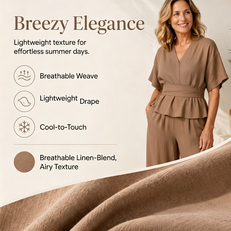 Set aus einem Wickeloberteil für Damen und einer Hose mit weitem Bein