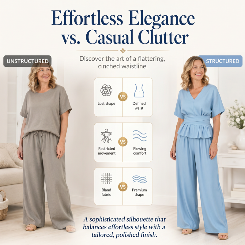 Set aus einem Wickeloberteil für Damen und einer Hose mit weitem Bein