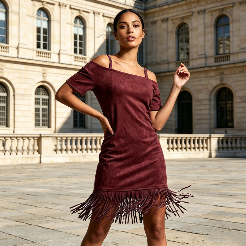 Damen Off-Shoulder-Träger-Fransenkleid