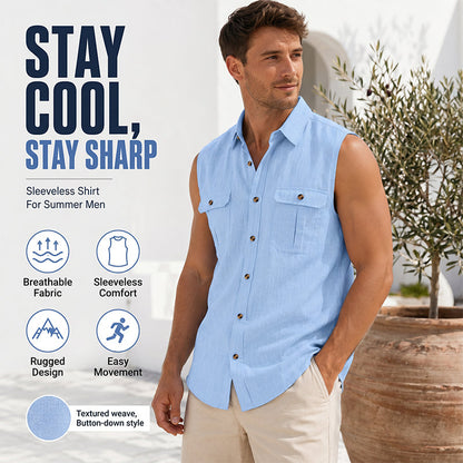 Herren Sommer ärmelloses Button-Down-Hemd
